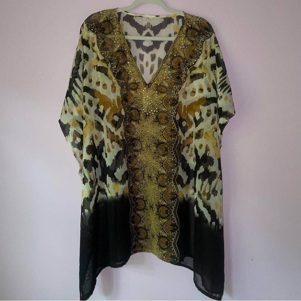 Chiffon Kimono 2X Blouse Boho Ikat Longline Sheer V Neck Swim Cover